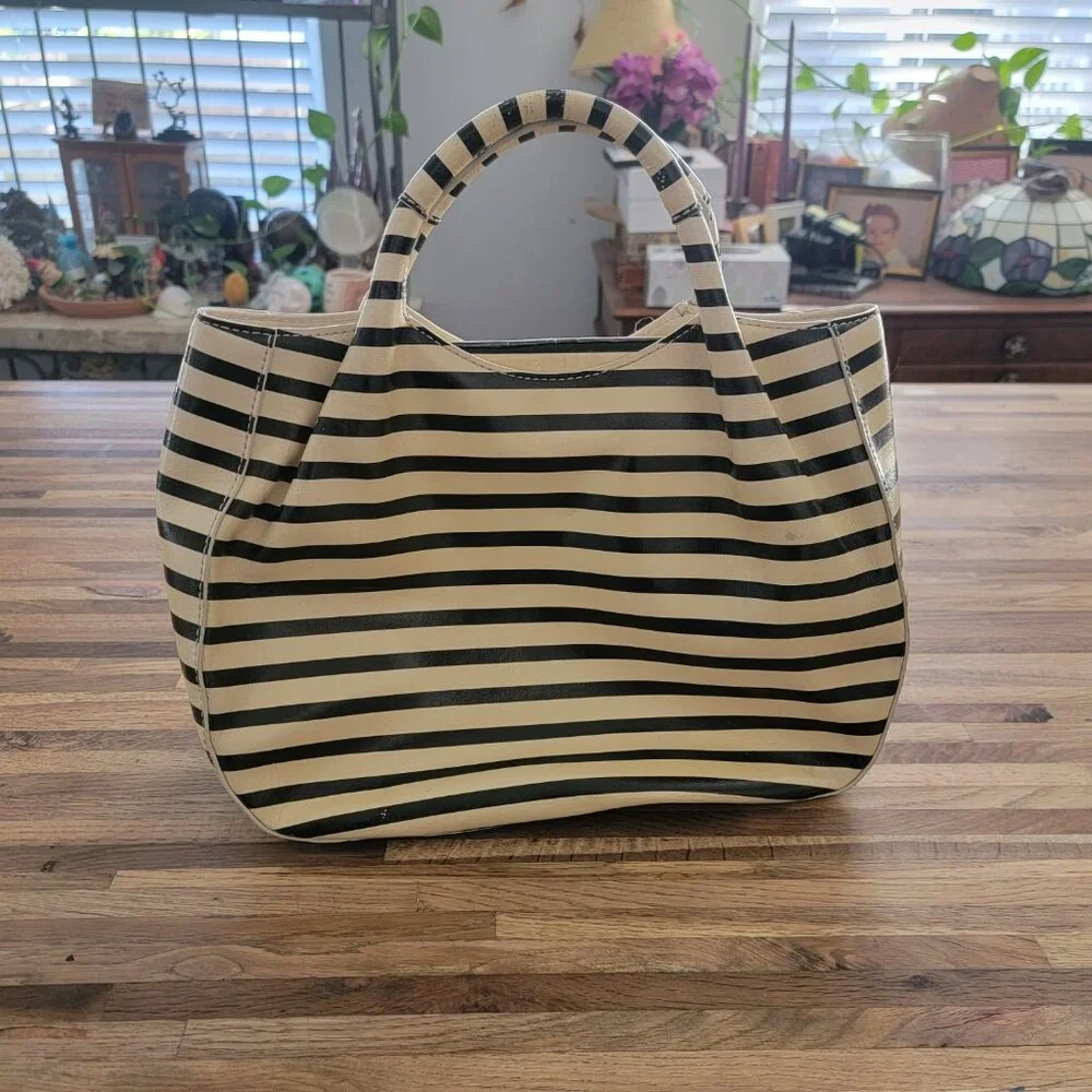 kate spade Black and White Striped Patent Leather Tote
